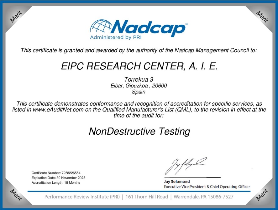 EIPC Research Center Nadcap NonDestructive Testing Certification with Merit