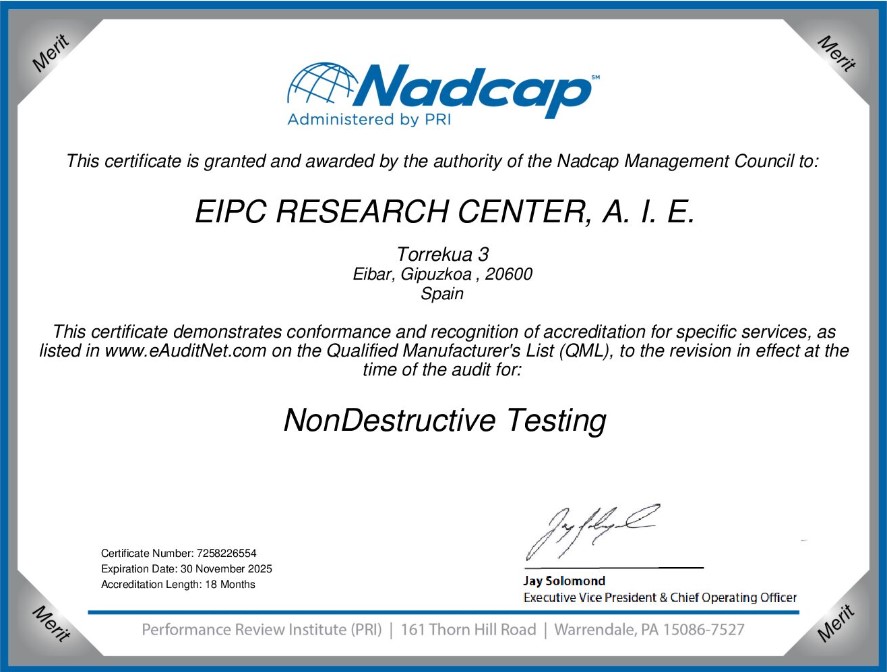 EIPC Research Center Nadcap NonDestructive Testing Certification with Merit